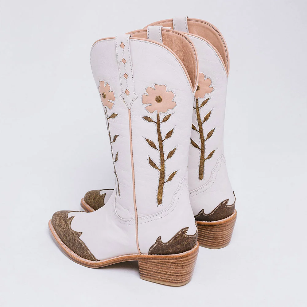 White & Brown Closed Toe Flower Inlay Mid-Calf Cowgirl Boots