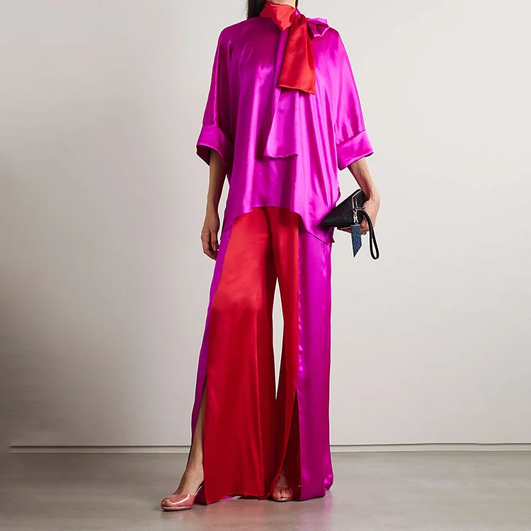 Fashion Colorblock Bow Two Piece Set