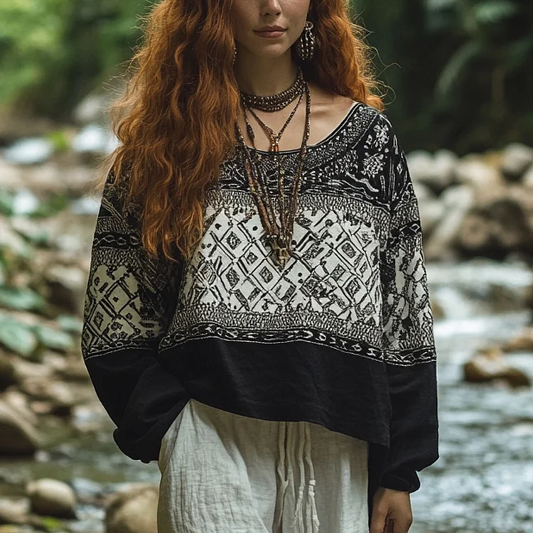 Bohemian Holiday Style Vintage Embroidered Print Casual Long-sleeved Top