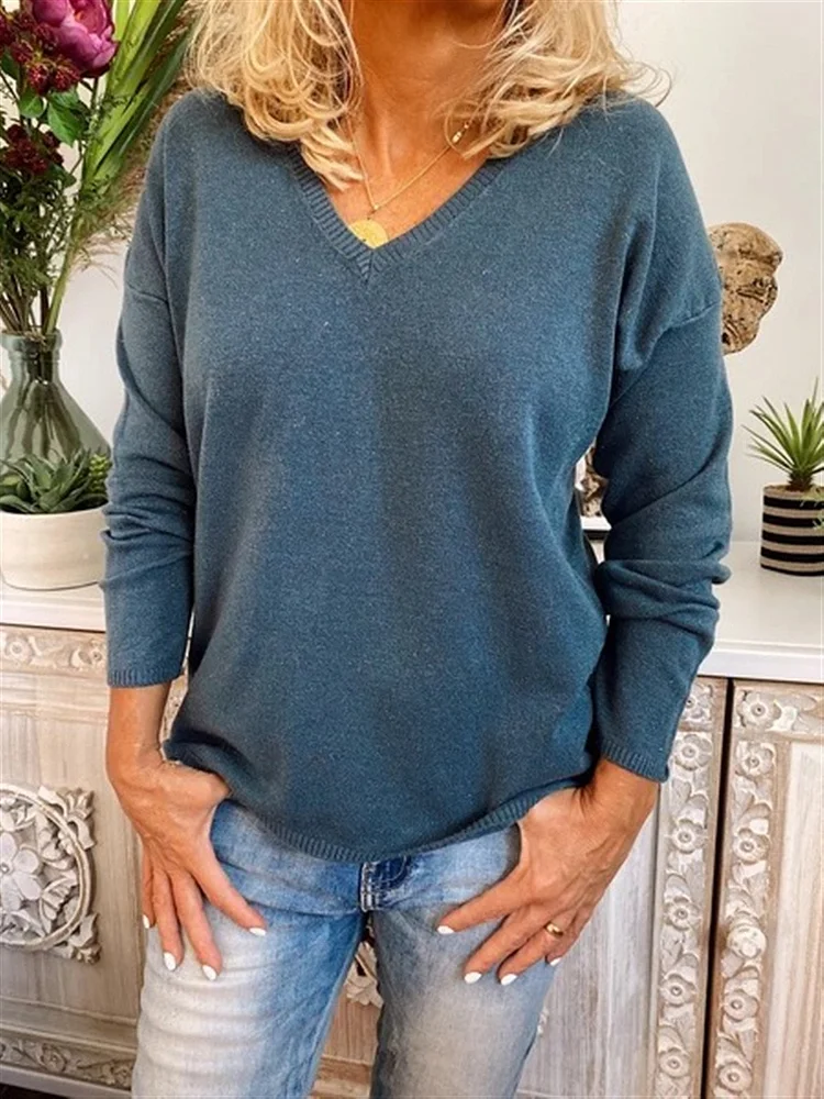 Solid Long Sleeve V Neck Casual Sweater