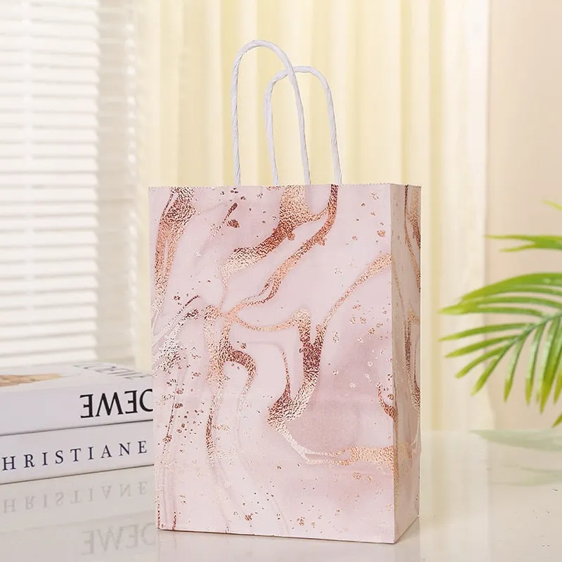 5pcs Marble Design Kraft Paper Gift Bag with Handle Birthday Party Packaging Bag Wedding Favors Eid Ramadan Festival Supplies