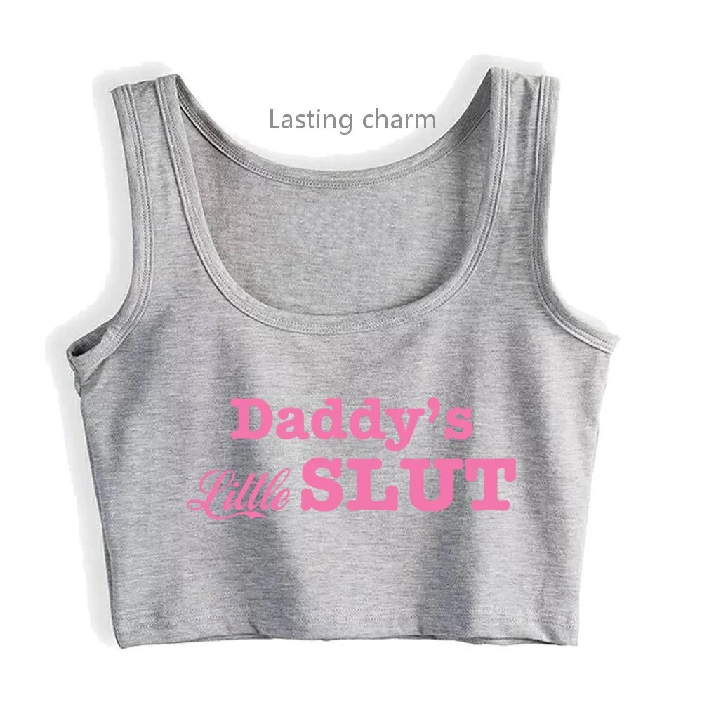 Daddys Little Slut Print Crop Top Fun Flirty Camisole Cami Tank Top Girls Fitted Scoop Neck Crop Top