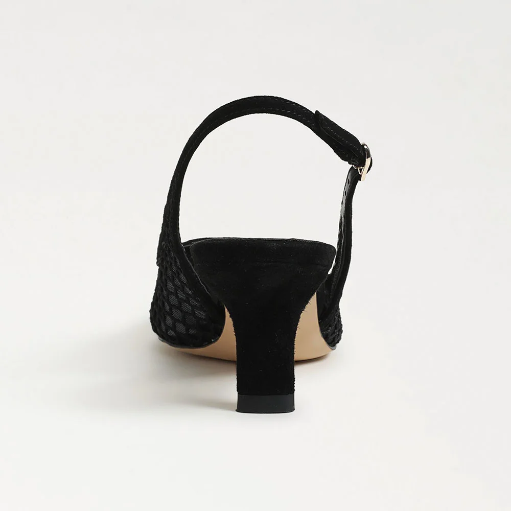 Black Mesh Pointed Toe Buckle Slingback Pumps Shoes with Chunky Heel