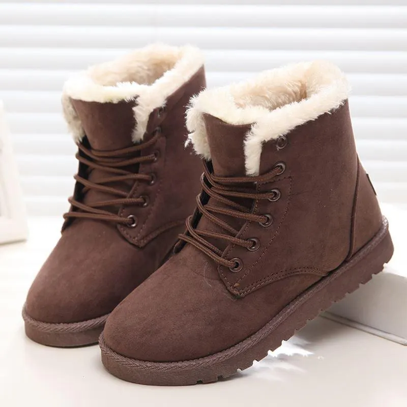 Women Snow Boots Flat Lace Up Winter Plus Size Platform Ladies Warm Shoes 2021 New Flock Fur Women's Suede Ankle Boots Female 1109