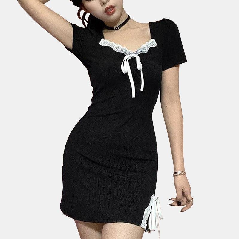 Bow Tie Square Neck Slit Dress