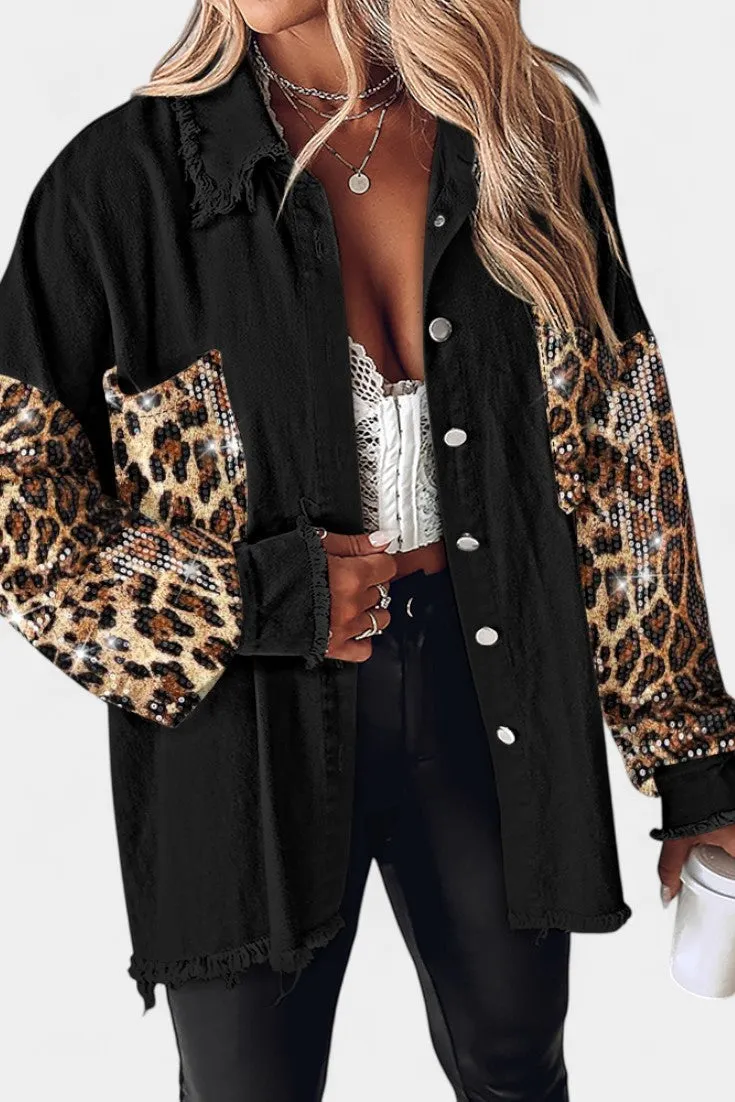 Oversized Jacket with Leopard Sequin Sleeves