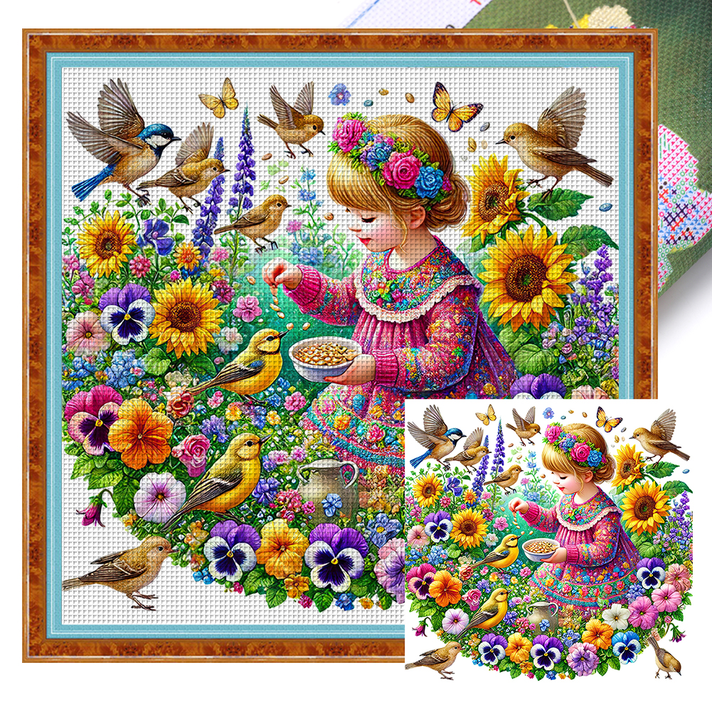 Girl In The Flowers Full 11CT Pre-stamped Canvas(50*50cm) Cross Stitch