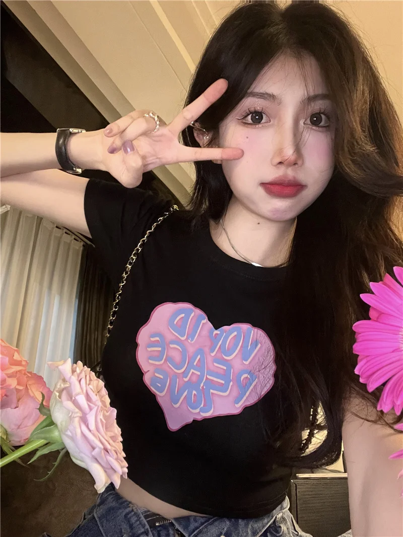 Uveng Uveng T-Shirt Girl 2023 Summer New Ins Trendy Sweet Hot Girl Print Design Sense Short Slim Student Top