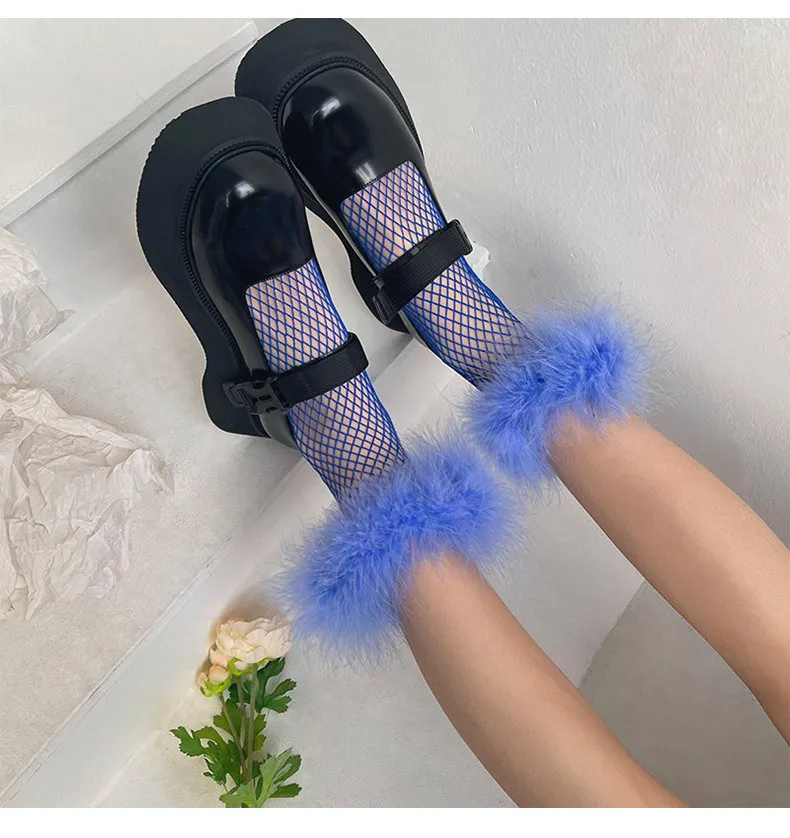 Trendy Feather Fishnet Socks Hollow Out Color Mid-Tube Socks-vocosishoes