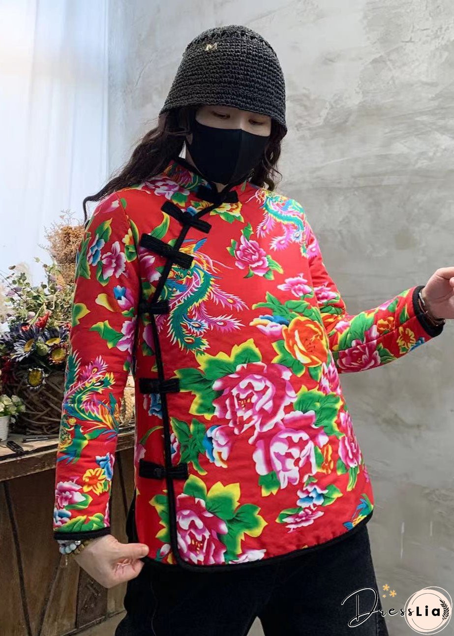 Red Print Fine Cotton Filled Coat Outwear Mandarin Collar Winter