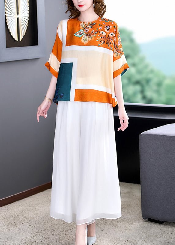 Stylish Yellow O-Neck Print Silk Top And Wide Leg Pants Two Pieces Set Summer