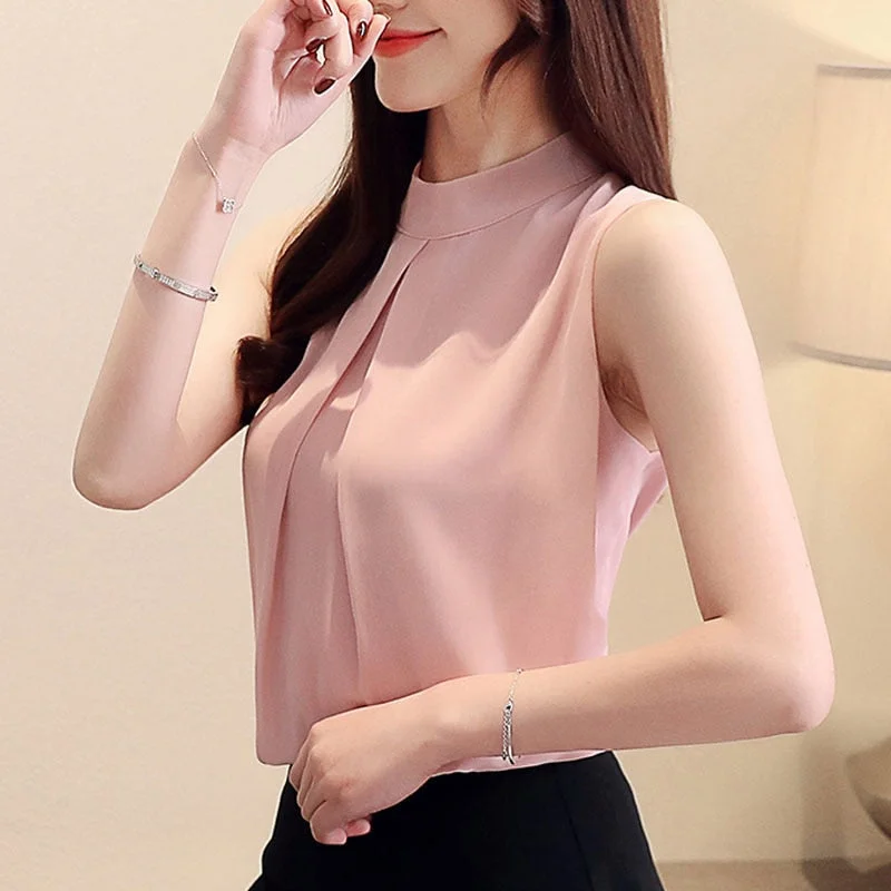 2021 New Elegant Sleeveless Women's Shirts O-Neck Chiffon Blouse Pink Shirts Femininas Womens Clothes Blusas Mujer De Moda 3884