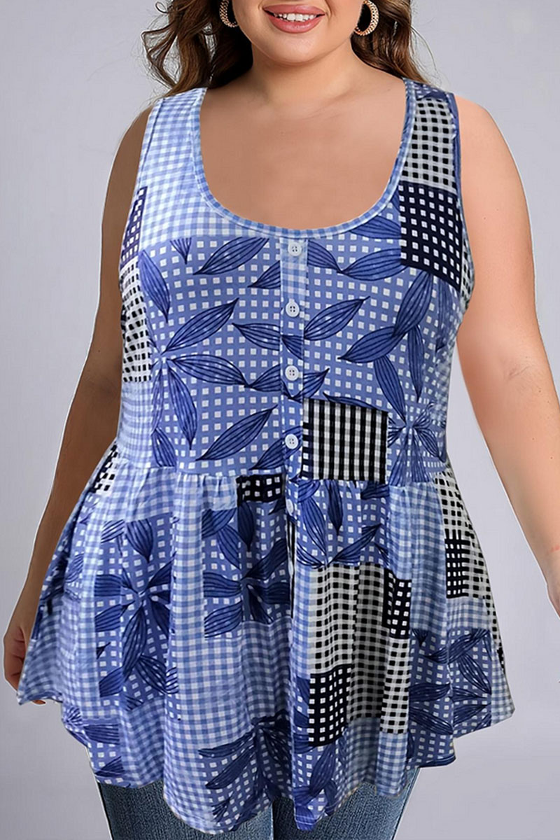Plus Size Print Decorative Button Tunic Tank Top 2024 - Flycurvy 