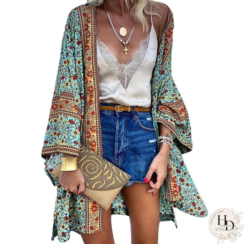 Women Boho Print Floral Beachwear Kimono Cardigan Loose Long Sleeve Shawl Capes Blouse Bikini Cover Wrap Outdoor Thin Coat D30