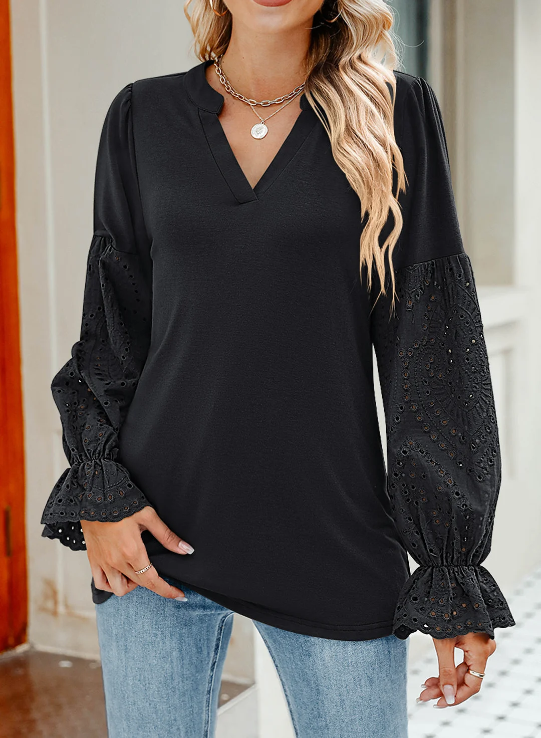 MIHOLL Women V Neck Long Sleeve Shirt Lace Crochet Loose Casual Top Blouse