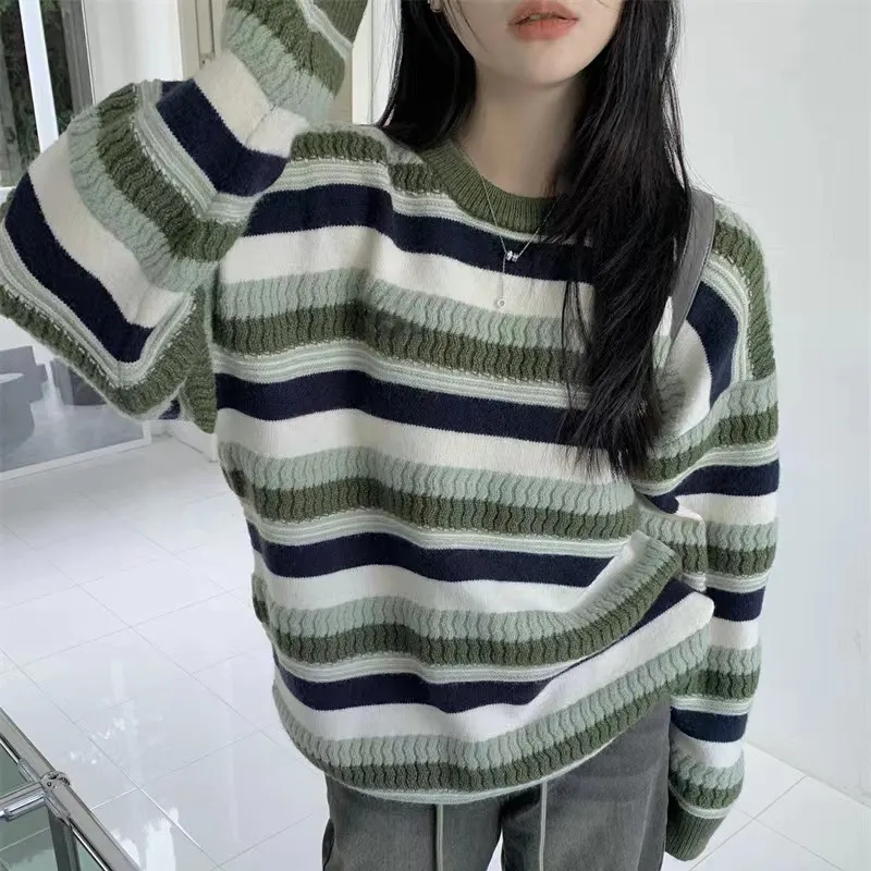 Churchf Churchf Striped Sweater Female Autumn Winter 2024 Autumn Winter New Loose Lazy Wind To Wear A Thick Knit Sweater