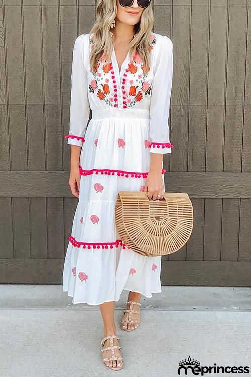 Embroidery Pom Pom Maxi Dress