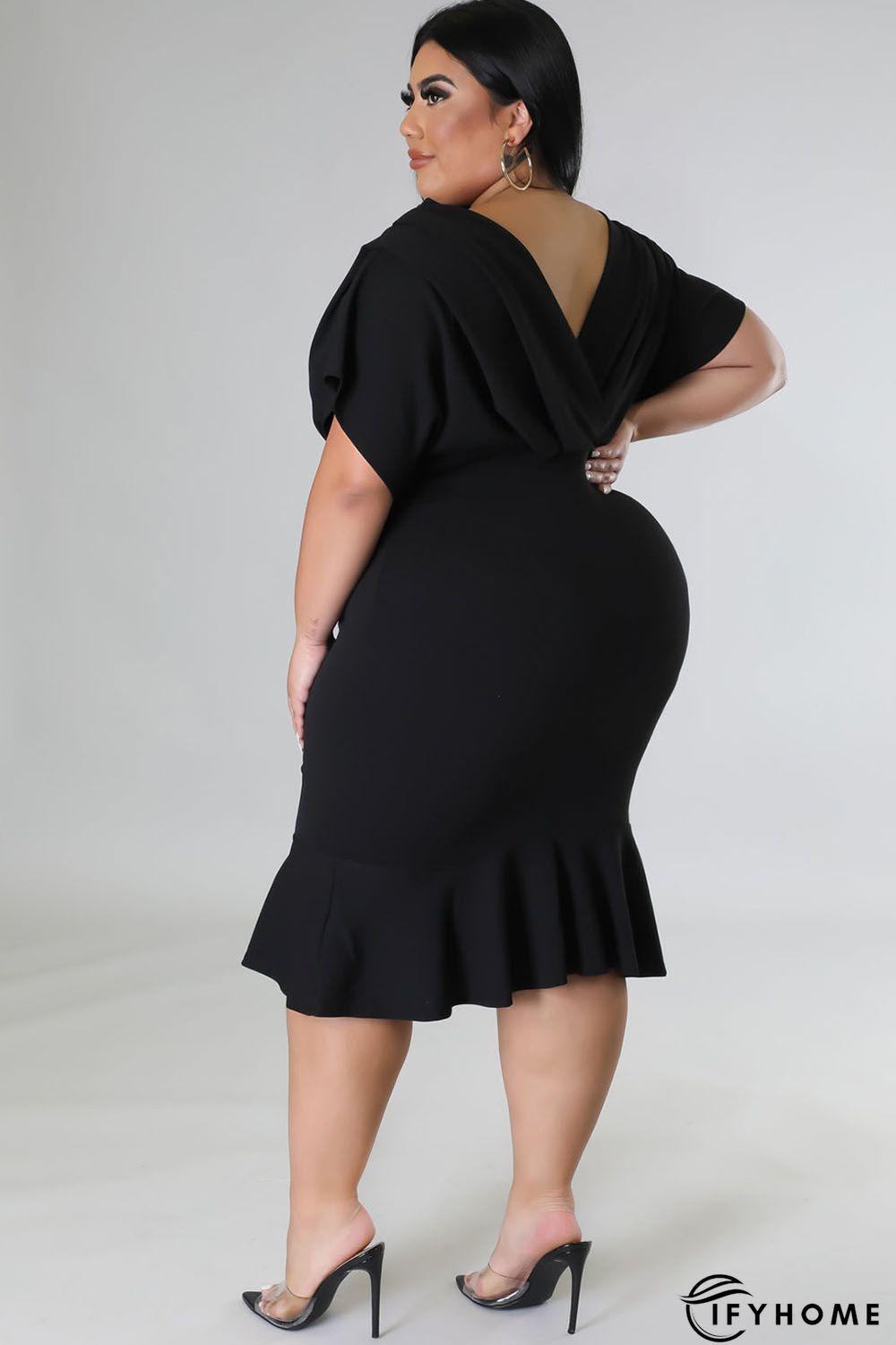 Black Plus Size Pleated V Neck Ruffle Hem Bodycon Dress | IFYHOME
