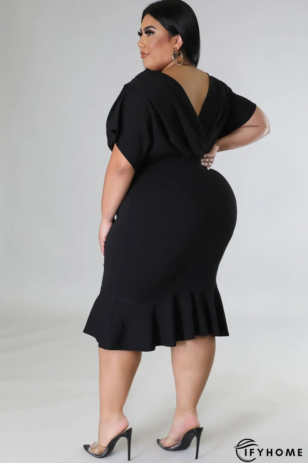 Black Plus Size Pleated V Neck Ruffle Hem Bodycon Dress | IFYHOME