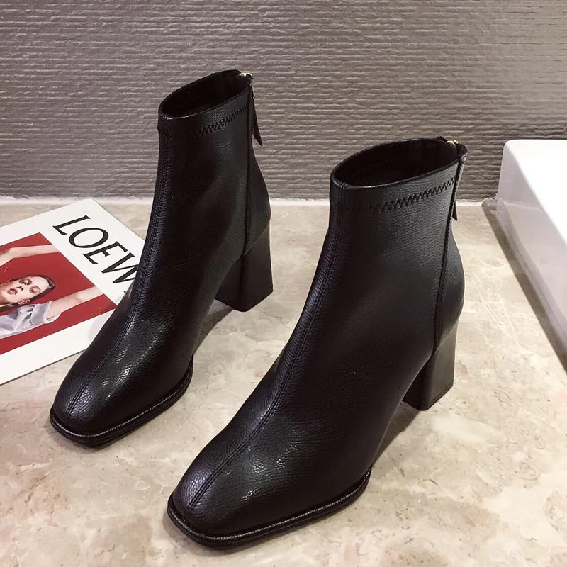  Luxury Brand Women Beige 7Cm Block High Heels Ankle Boots 2022 Winter Female Square Toe Chelsea Boots High Quality Short Boots