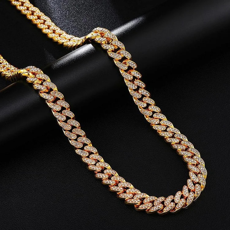 1Set 13MM Gold Silver Full Iced Out Paved Rhinestones Miami Curb Cuban Chain-VESSFUL