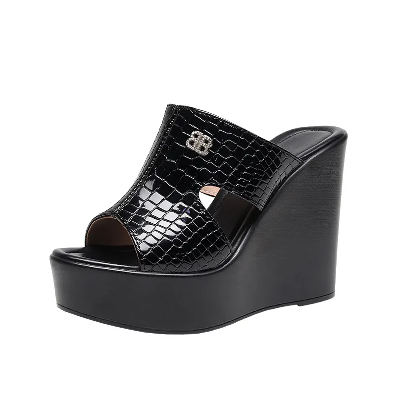 Breakj Breakj Leather Slope And Slippers Women Wearing Fashion Pine Cake Thick Bottom Fitting Room A Word Drag Anti-Slip High And Cow Skin Cold Drag