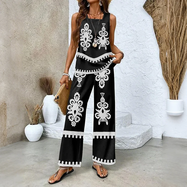 Utbros Ethnic Flower Pattern Sleeveless Double Layer Tank Pants Two Piece Set