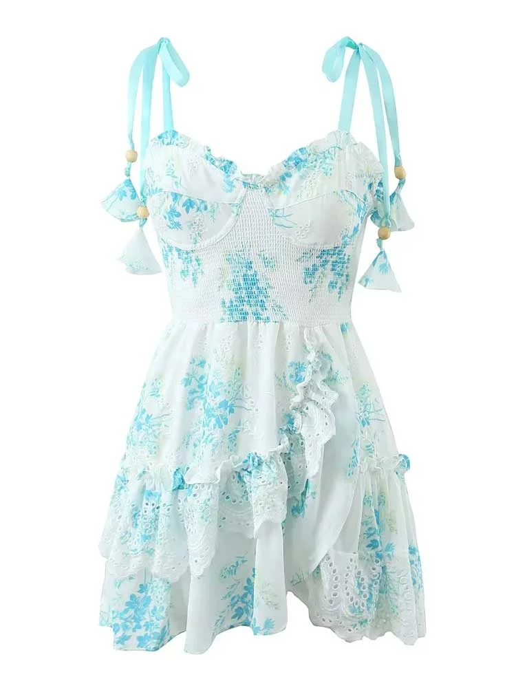 Nncharge Inspired blue floral straps party dress bow tied shoulder smocked bodice embroidery summer dress chic ladies mini dress