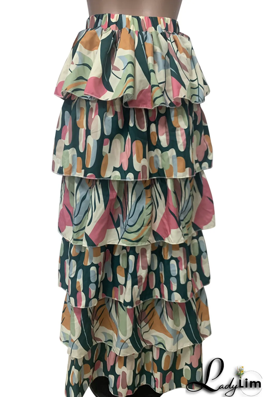 Multicolor Casual Print Flounce Straight High Waist Type A Full Print Bottoms
