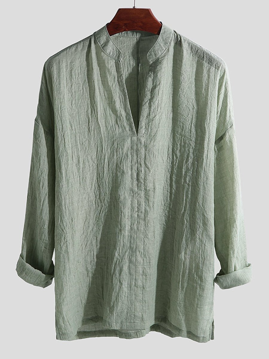 Men's fashion personality cotton and linen solid color long-sleeved shirt