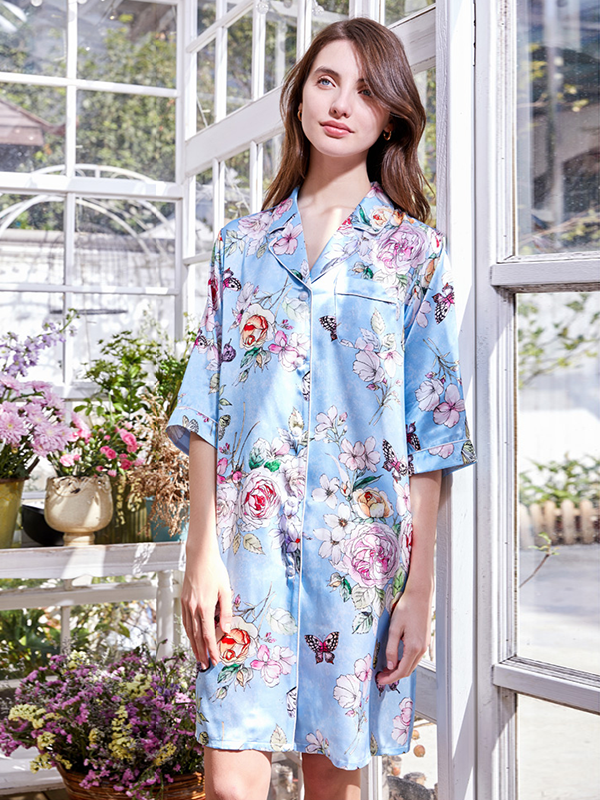 19 Momme Spring Summer 3/4 Length Sleeve Printed Silk Nightgown REAL SILK LIFE