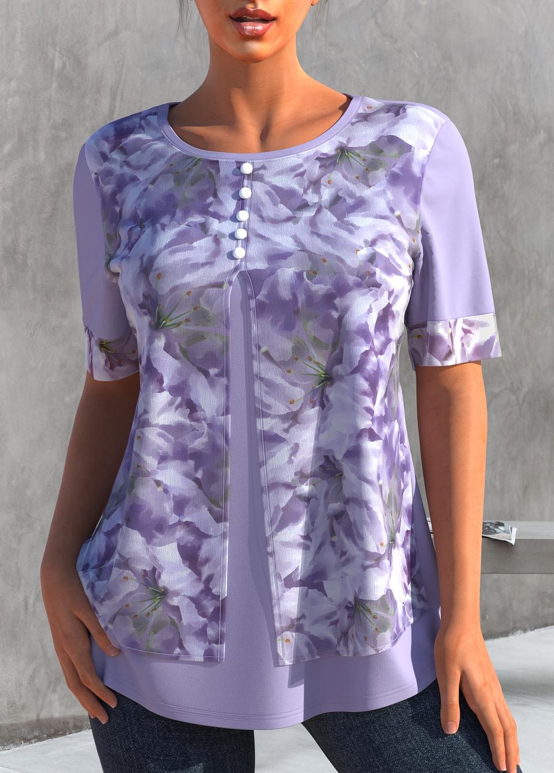Light Purple Floral Print Round Neck T Shirt