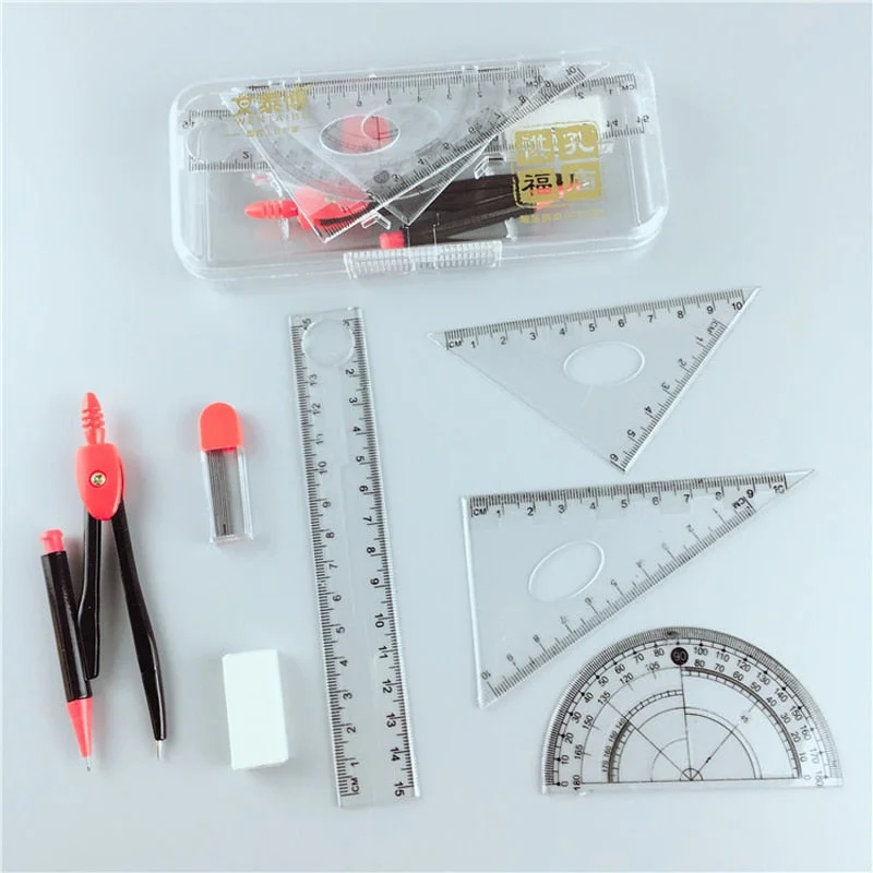 7pcs/set Simple Solid Geometry Protractor Drawing School Eraser Compasses Set Math Eraser Ruler For Students School Stationery