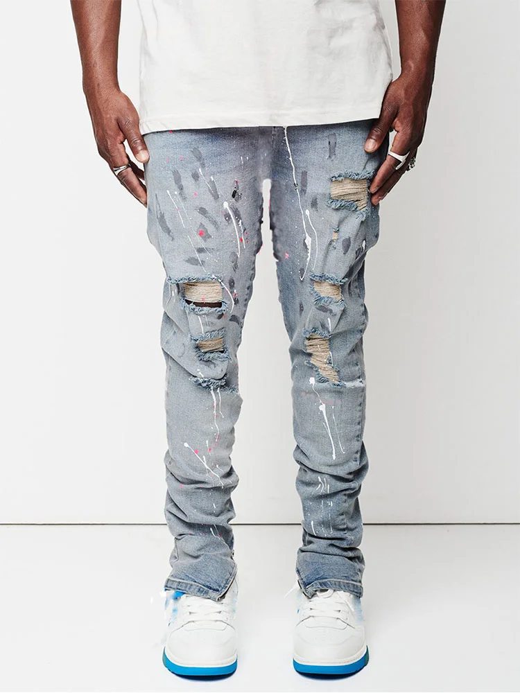 Streetwear Light Blue Men's Slim Fit Cotton Ripped Jeans at Hiphopee