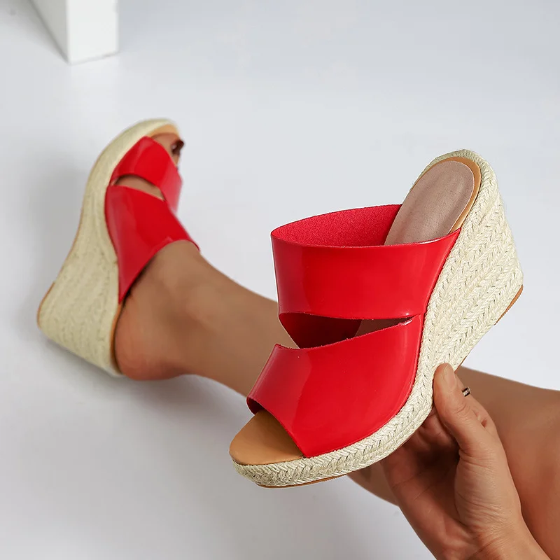 Wongn Wongn High Heel Thick Bottom Cool Slippers Female Dew Toe Grass Knitting Hemp Rope Bottom