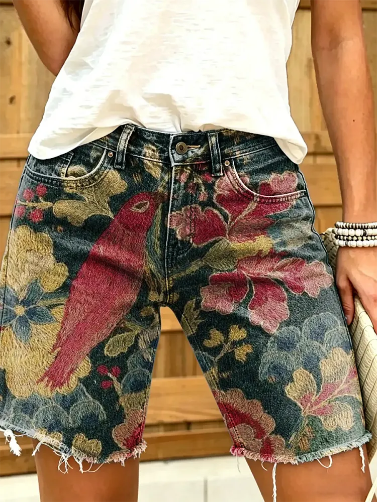 Women's Folk Bird & Floral Print Frayed Hem Denim Bermuda Shorts