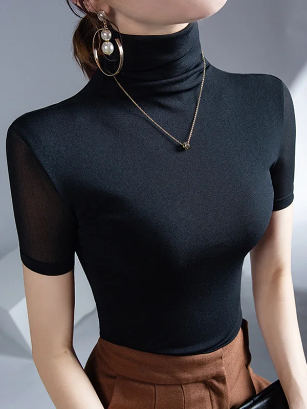 Solid Color Skinny Half Sleeves High Neck T-Shirts Tops
