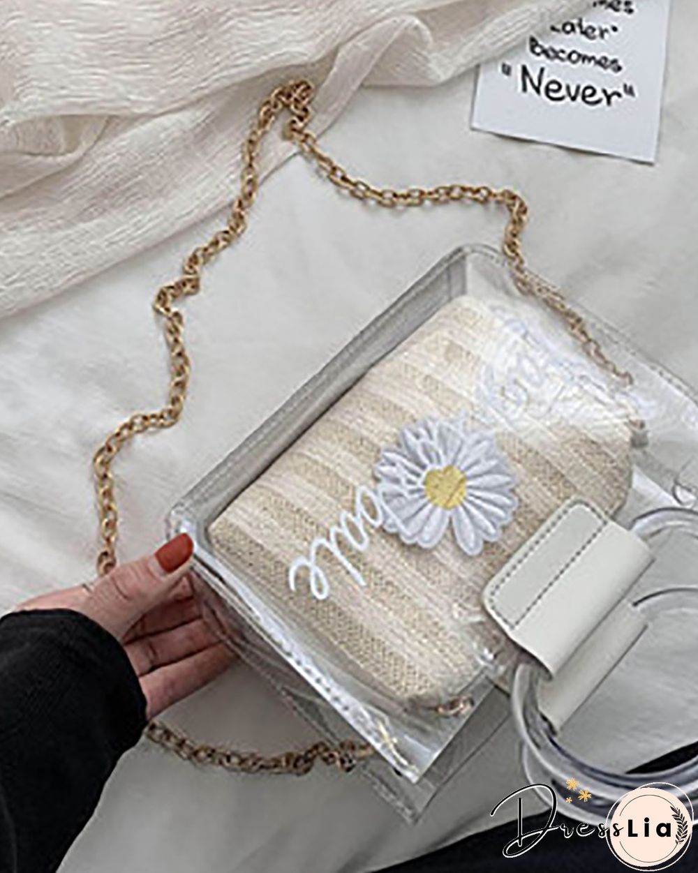 Clear Letter Print Floral Pattern Satchel Bag