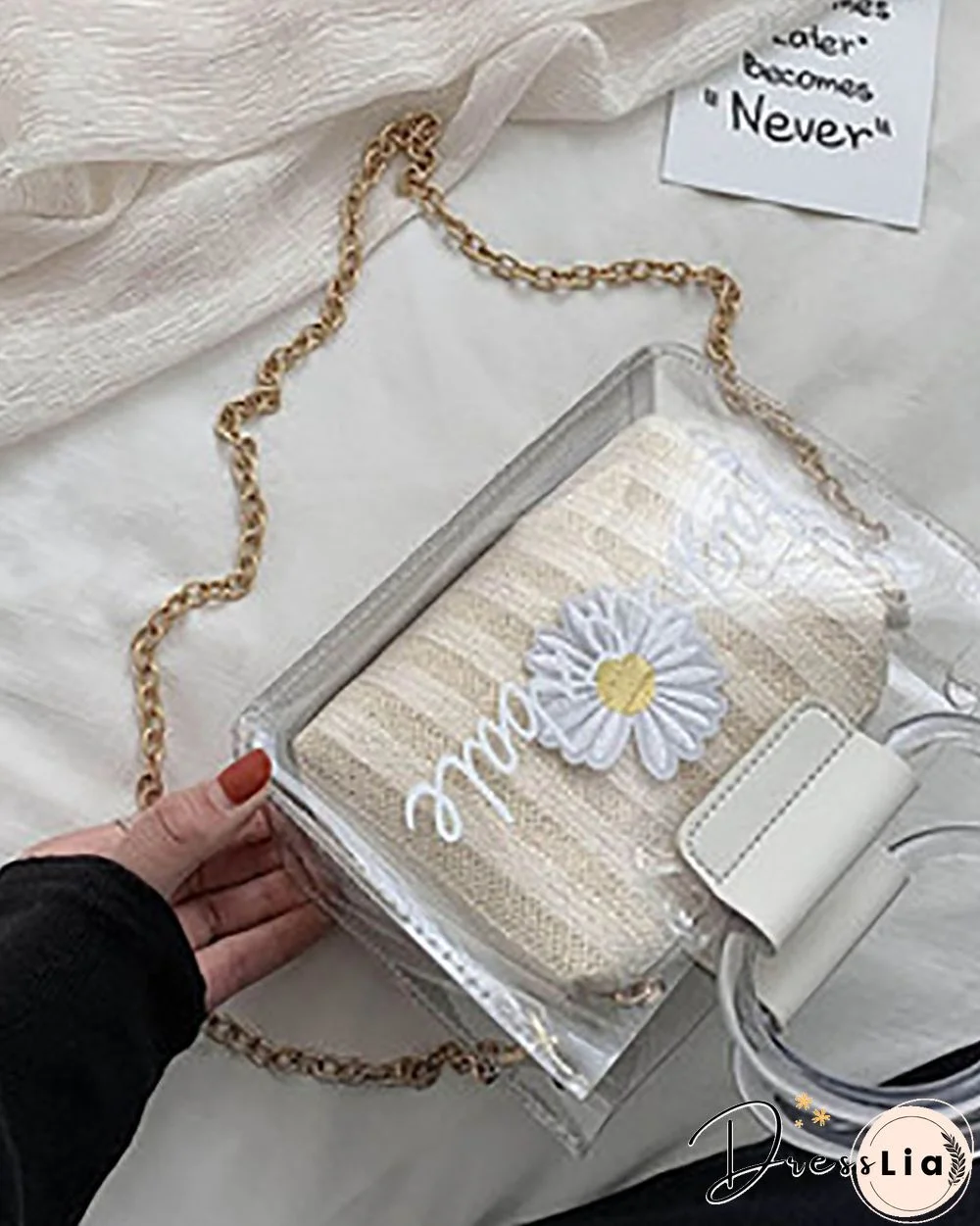 Clear Letter Print Floral Pattern Satchel Bag