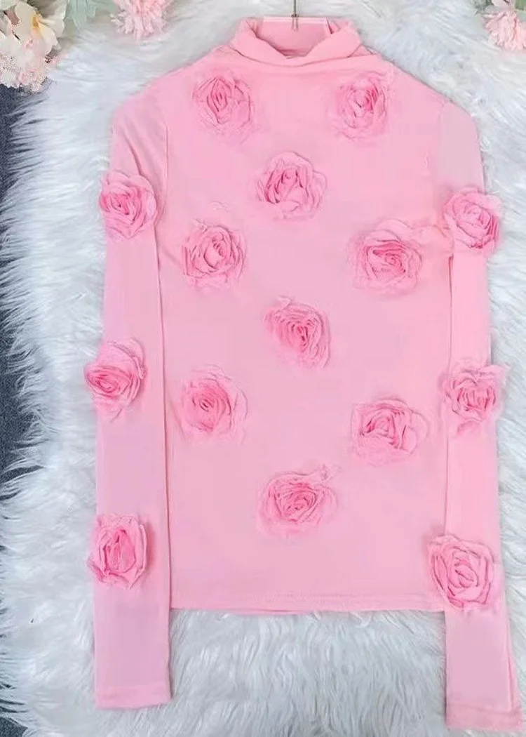 Chic Pink Turtleneck Floral Tulle Top Long Sleeve