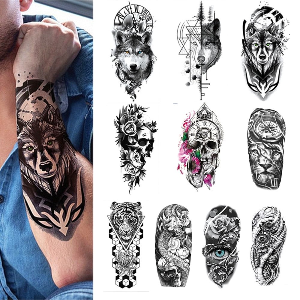 10Pcs Waterproof Temporary Tattoo Sticker Wolf Forest Skull Lion Tiger Dragon Manipulator Eye Body Arm Sleeve Man Women Totem
