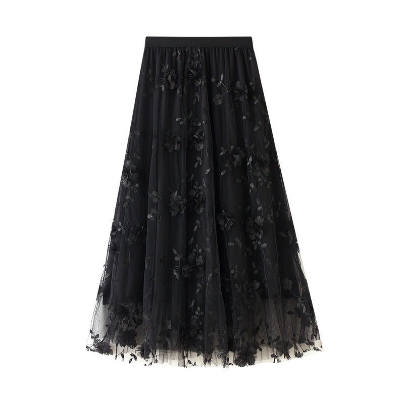 Mesh Embroidery Heavy Work Skirt Plus Size Gauze Skirt Autumn A  line Artistic High Waist Long Skirt