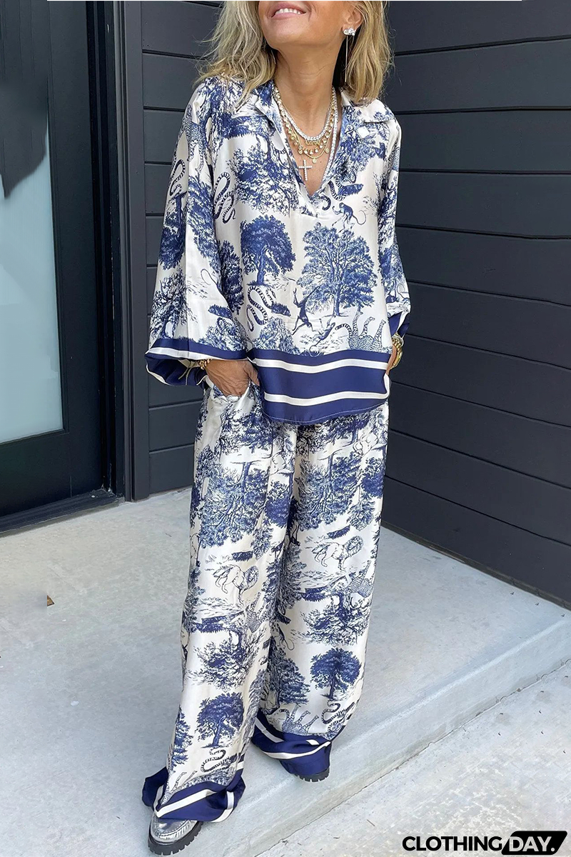 Casual Street Floral Print Distressed Draw String Pocket V Neck Long Sleeve Two Pieces(8 Colors)