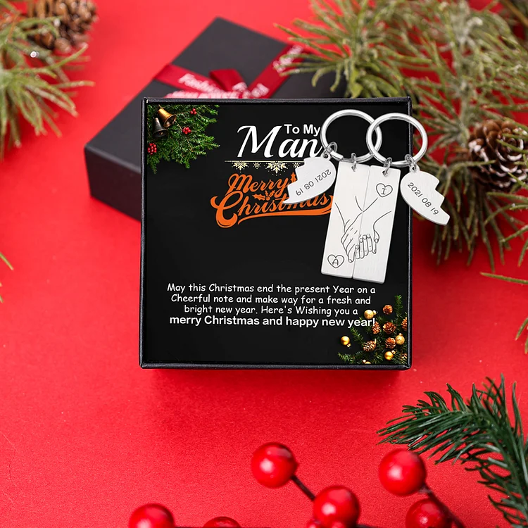 Custom Hand in Hand Couple Keychain Christmas Set with Gift Box-Personalized Date Initial Heart Matching Couple Christmas Gifts