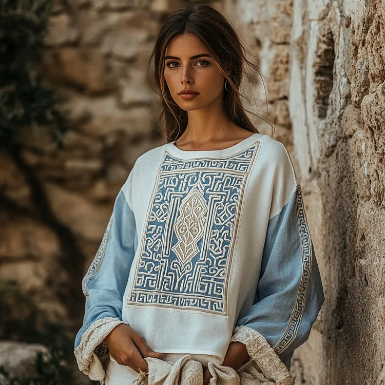 Vintage Greek Key Motif Patchwork Cotton Linen Contrast Shirt