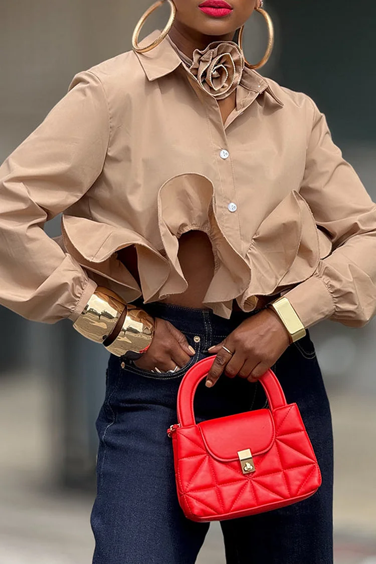 Plus Size Business Casual Khaki Elegant Shirt Collar Long Sleeve Ruffle Shirt [Pre-Order] 2024 - Xpluswear