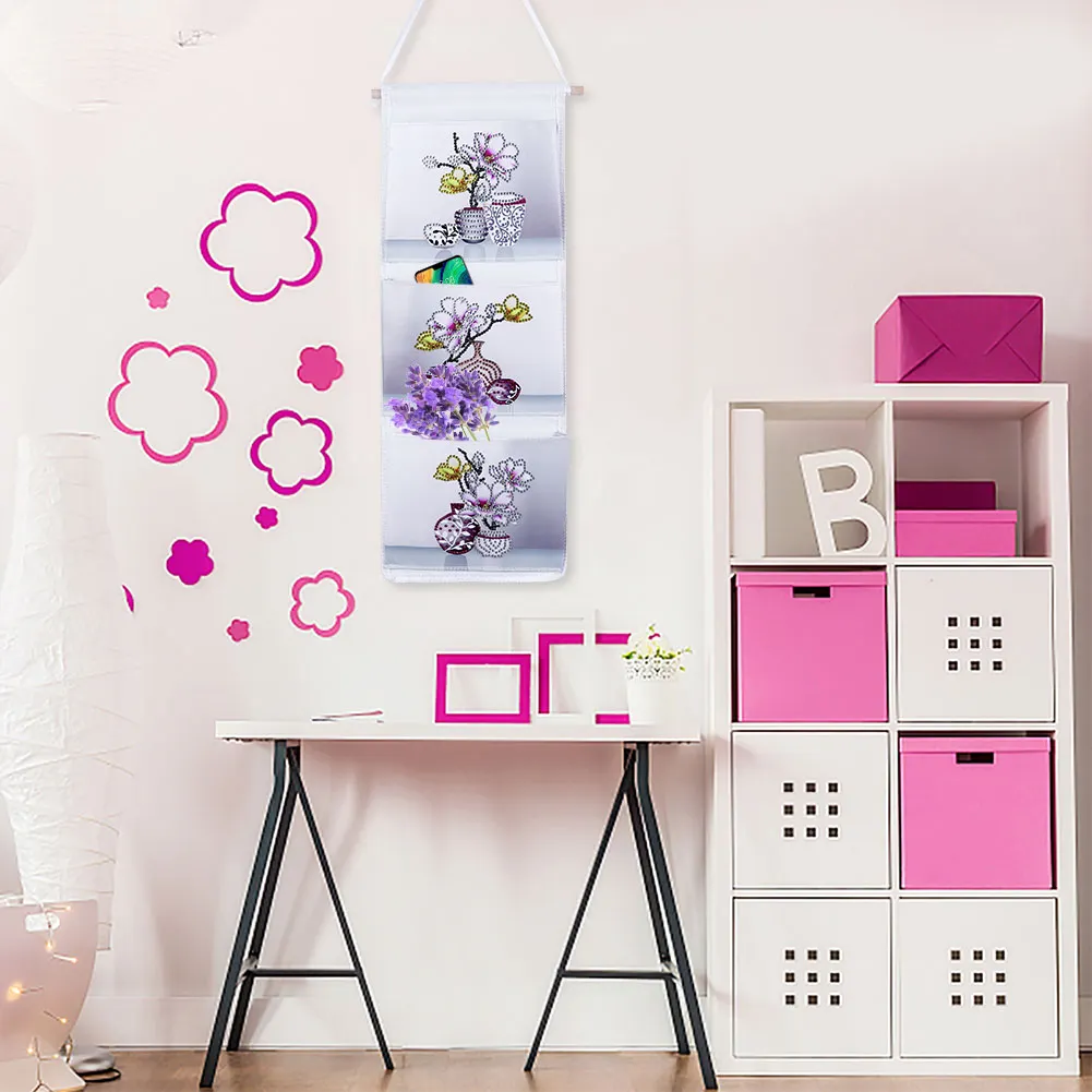Wall Hanging Storage Bag DIY Flower Diamond Painting Home Organizer(20*50cm)