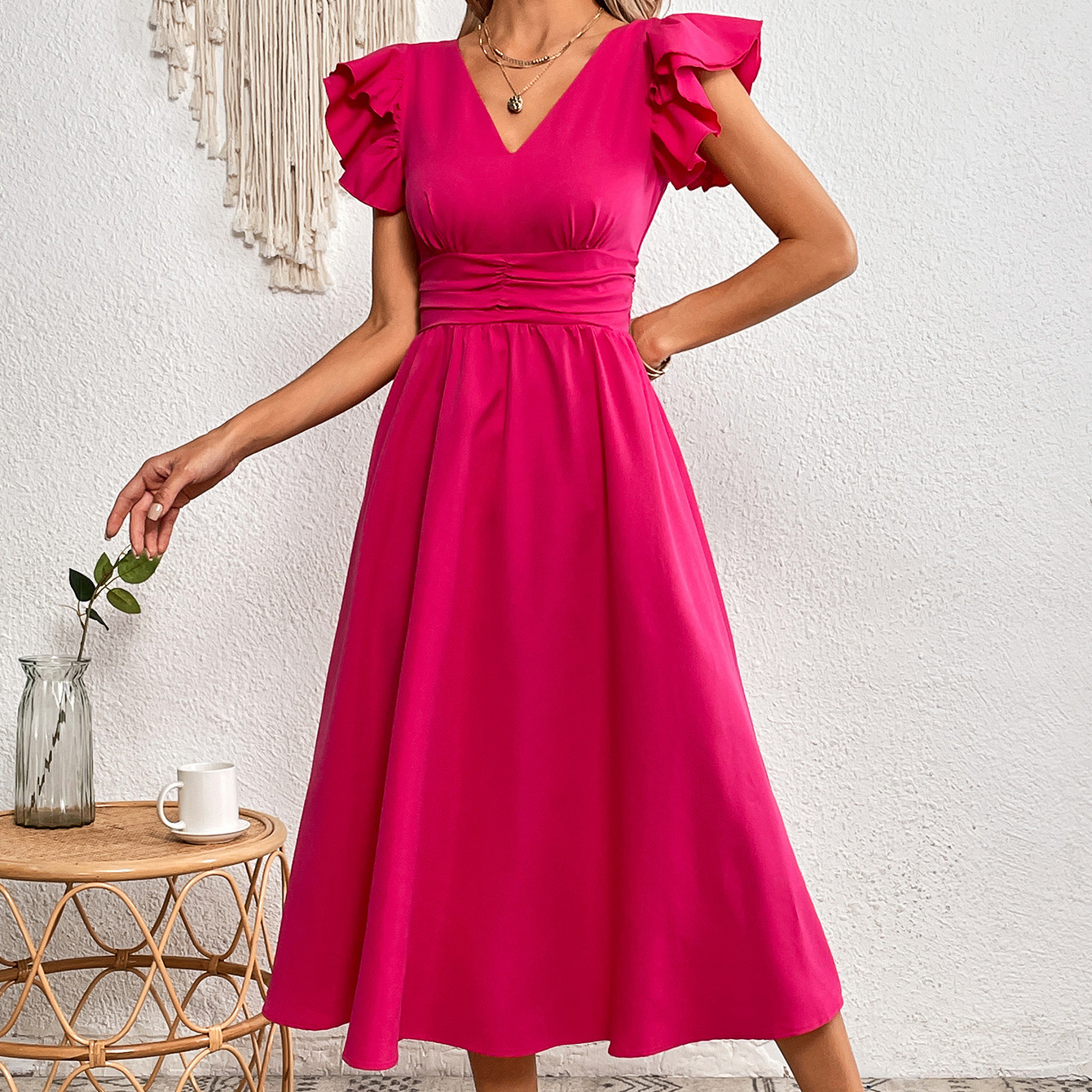 Summer Fashion Elegant V Neck Ruffle Sleeves Solid Color High Waist Midi Dress