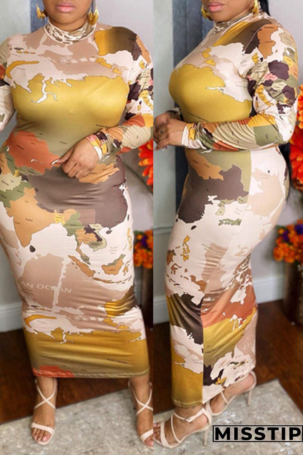 Multicolor Fashion Casual Print Basic O Neck Long Sleeve Plus Size Dresses