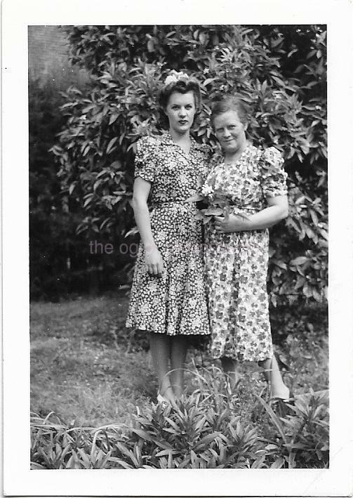 40's Found Photo Poster painting Two Women Wearing Print Dresses VINTAGE Original Snapshot 02 14